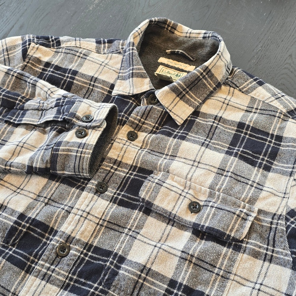 LL Bean Mens Fleece Lined Flannel Shirt Jacket Navy Cream Plaid Large 298189